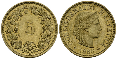 Швейцария 5 раппенов 1988 KM 26c алюминиевая бронза 4173-1054