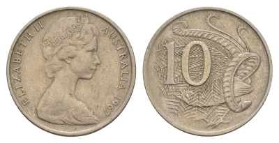 Австралия 10 центов 1967 Елизавета II (1952-2022), птица лирахвост KM 65 медно-никель 4657-134