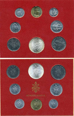 Ватикан набор из 8 монет 1972 1, 2, 5, 10, 20, 50, 100, 500 лир, в оригинальном буклете KM MS76 серебро UNC 5-4-3-24