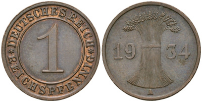 Германия 1 рейхспфенниг 1934 A KM 37, J. 313 бронза 4189-1253