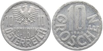 Австрия 10 грошей 1980 KM 2878 алюминий 4594-246