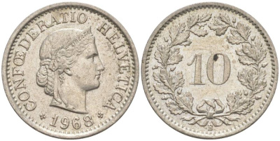 ШВЕЙЦАРИЯ 10 РАППЕНОВ 1968 В KM 27 медно-никель 55-412