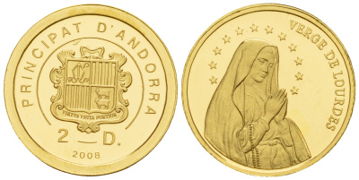 Андорра 2 динера 2008 Лурдес KM 413 золото PROOF 00-801-12
