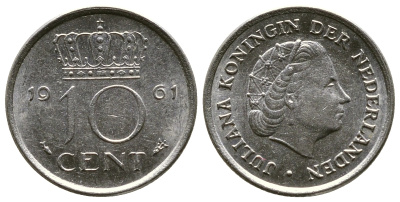 НИДЕРЛАНДЫ 10 ЦЕНТОВ 1961 ЮЛИАНА KM 182 никель 261-622