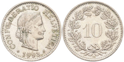 ШВЕЙЦАРИЯ 10 РАППЕНОВ 1993 В KM 27 медно-никель 55-535