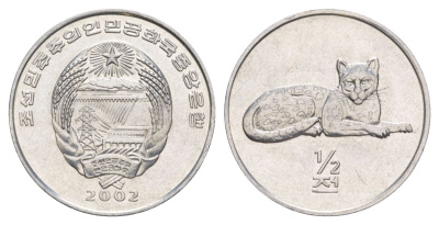 КНДР (Северная Корея) 1/2 чона 2002 Мир животных - Леопард KM 185 алюминий UNC 4633-145