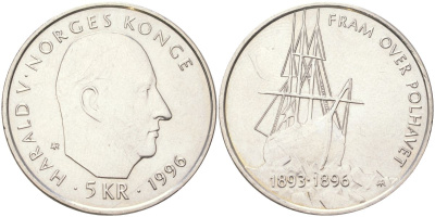 Норвегия 5 крон 1996 100 лет Норвежской полярной экспедиции Нансена, Харальд V (1991-) KM 459 медно-никель aUNC 4123-744