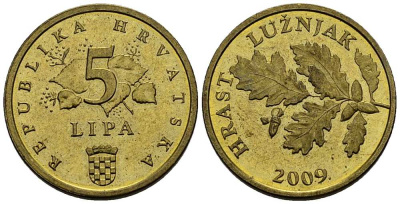 Хорватия 5 лип 2009 дуб, легенда на хорватском KM 5 сталь плакированная латунью 211-824