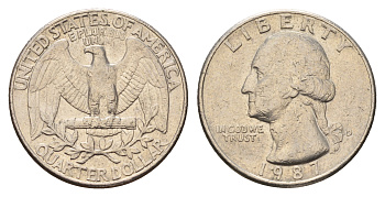 США 25 центов (квотер) 1987 D, Джордж Вашингтон KM А164а медь плакированная медно-никелем 4681-227