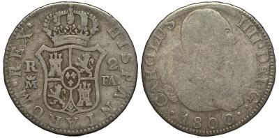 Испания 2 реала 1800 M FA, мондвор (Мадрид), Карлос IIII (1788-1808) KM 430.1 (C69.1) серебро 650-944