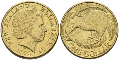 Новая Зеландия 1 доллар 2000 Елизавета II (1952-2022), птица киви  KM 120 алюминиевая бронза 29-812