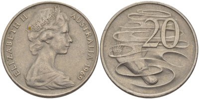 Австралия 20 центов 1969 Елизавета II (1952-2022), утконос KM 66 медно-никель 1524-811