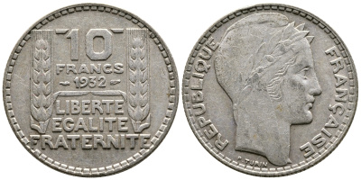 Франция 10 франков 1932 Пьер Тюрен KM 878, Le Franc 360.5 серебро 4683-1032