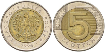 Польша 5 злотых 1996 MW KM 284 биметалл 93-453
