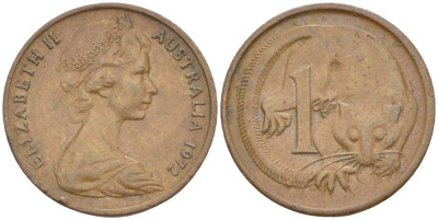 АВСТРАЛИЯ 1 ЦЕНТ 1972 ЕЛИЗАВЕТА II (1952-) МОЛОДОЙ ПОРТРЕТ, ОПОССУМ KM 62 бронза 4516-629