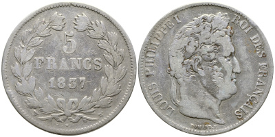 Франция 5 франков 1837 W, Луи Филипп I (1830-1848) KM 749.13 серебро 1066-6-46