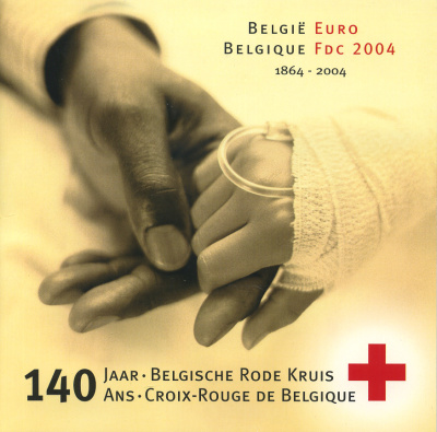 Бельгия евронабор из 8 монет + жетон 2004 140 лет бельгийскому Обществу красного креста, Джон Генри Дунант, в оригинальном буклете UNC 1-5-3-11