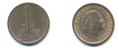 НИДЕРЛАНДЫ 1 ЦЕНТ 1969 ЮЛИАНА KM 180 бронза 83-942