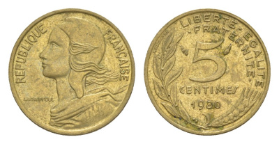 Франция 5 сантимов 1980 тип Morlon KM 933, Le Franc 125.16 алюминиевая бронза 4630-335