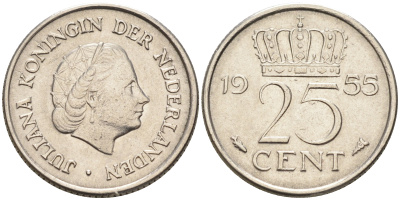 Нидерланды 25 центов 1955 Юлиана (1949-1980) KM 183 никель    4174-643