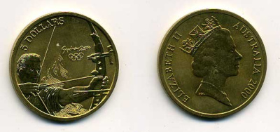 АВСТРАЛИЯ 5 ДОЛЛАРОВ 2000 (1997) ОЛИМПИАДА В СИДНЕЕ, СТРЕЛЬБА ИЗ ЛУКА KM 359 алюминиевая бронза UNC 58-934