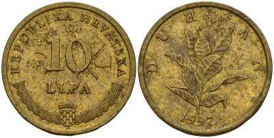 Хорватия 10 лип 1997 табак обыкновенный, легенда на хорватском KM 6 сталь плакированная латунью 4154-626