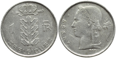 БЕЛЬГИЯ 1 ФРАНК 1959 BELGIQUE KM 142.1 медно-никель 4388-445
