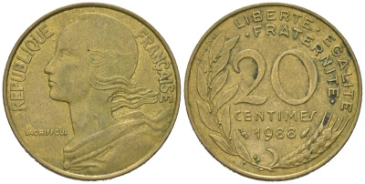 Франция 20 сантиов 1988 KM 930 медь алюминий никель 4584-1012
