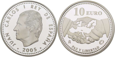Испания 10 евро 2005 M, 60 лет миру и свободе в Европе KM 1065 серебро PROOF 02-040-22