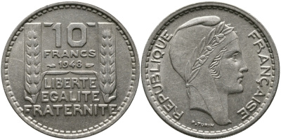 Франция 10 франков 1948 тип Пьер Турин KM 909.1, Le Franc 362.3 медно-никель 4610-614