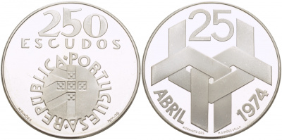 Португалия 250 эскудо 1976 Революция гвоздик 25 апреля 1974 года KM 604 a серебро PROOF 01-233-31