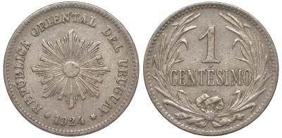 Уругвай 1 сентесимо 1924 KM 19 медно-никель 187-225