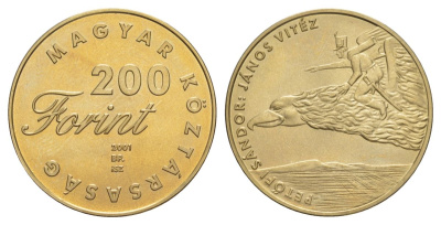 Венгрия 200 форинтов 2001 Детская литература - Шандор Петёфи, "Витязь Янош" KM 755 латунь BU 4599-515