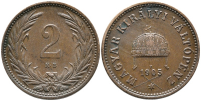 Венгрия 2 филлера 1905 КВ, Франц Иосиф I (1848-1916) KM 481 бронза 100-451