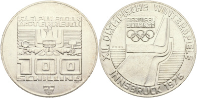 Австрия 100 шиллингов 1976 XII зимние Олимпийские игры в Инсбруке, лыжный трамплин KM 2929 серебро UNC 02-118-13