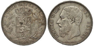 Бельгия 5 франков 1868 Леопольд II (1865-1909) KM 24 серебро 443-211