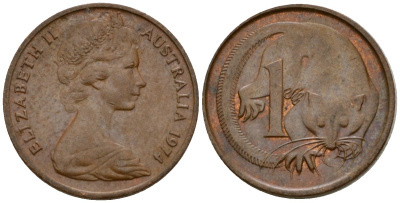 Австралия 1 цент 1974 Елизавета II (1953-), молодой портрет, опоссум KM 62 бронза 4602-217