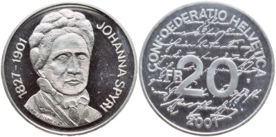 Швейцария 20 франков 2001 В, Йоханна Спири, в запайке KM 94 серебро PROOF 1524-945