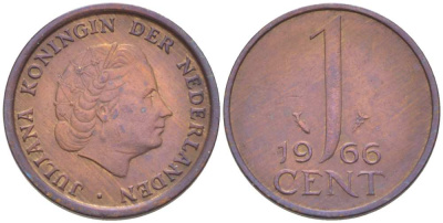 НИДЕРЛАНДЫ 1 ЦЕНТ 1966 ЮЛИАНА (1948-1980) KM 180 бронза 3309-334