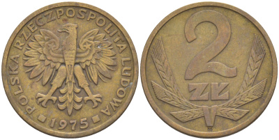 ПОЛЬША 2 ЗЛОТЫХ 1975 KM 80.1 латунь 187-942