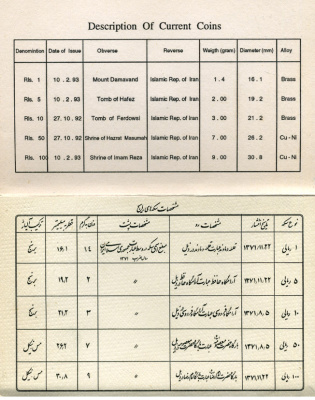 Иран набор из 5 монет 1992-1993 официальный набор, в оригинальном картонном буклете, с сертификатом KM 1263, 1258, 1259, 1260, 1261.2 UNC 1-6-2-05