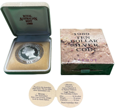 Австралия 10 долларов 1989 Квинсленд, в оригинальной коробке, с сертификатом KM 114 серебро PROOF 7-5-1-21