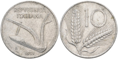 Италия 10 лир 1951 R, КОЛОС, плуг KM 93 алюминий 4573-756