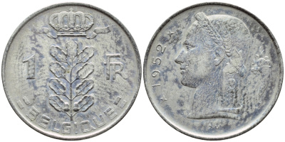 БЕЛЬГИЯ 1 ФРАНК 1952 BELGIQUE KM 142.1 медно-никель 4388-134