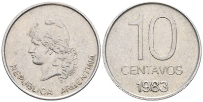 Аргентина 10 сентаво 1983 голова свободы влево KM 89, Schon 89, CJ 368 алюминий    60-1031