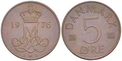 Дания 5 эре 1976 S; B, Маргрете II (1972- ) KM 859.1 железо плакированное медью 4551-141