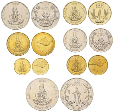 Вануату набор из 7 монет (1, 2, 5, 10, 20, 50 и 100 вату) 1983, 1988 и 1990 KM 3, 4, 5, 6, 7, 8 и 9 UNC 4672-831-835
