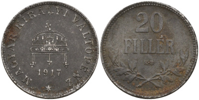 Венгрия 20 филлеров 1917 КВ, Карл I (1916-1918) KM 498 железо 4151-1016