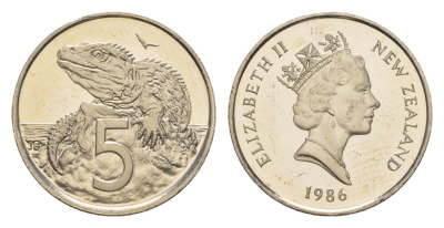 Новая Зеландия 5 центов 1986 тираж 10.000 экземпляров KM 60 медно-никель PROOF 24-124