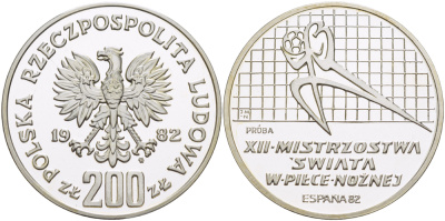 Польша 200 злотых 1982 MW, XII чемпионат мира по футболу в Испании 1982 года, PROBA, тираж 6002 экземпляров, игрок влево, Parchimowicz P439a серебро PROOF 1085-1-61